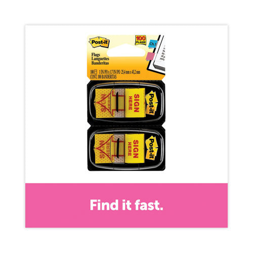 Image of Post-it® Flags 680-SH2 Arrow Message 1" Page Flags, "Sign Here", Yellow, 50 Flags/Dispenser, 2 Dispensers/Pack