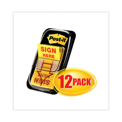 Image of Post-it® Flags 680-SH12 Arrow Message 1" Page Flags, Sign Here, Yellow, 50 Flags/Dispenser, 12 Dispensers/Pack