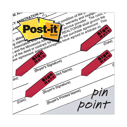 Image of Post-it® Flags 684-RDSH Arrow Message 0.5" Page Flags in Dispenser, "Sign Here", Red, 20 Flags Dispenser, 4 Dispensers/Pack
