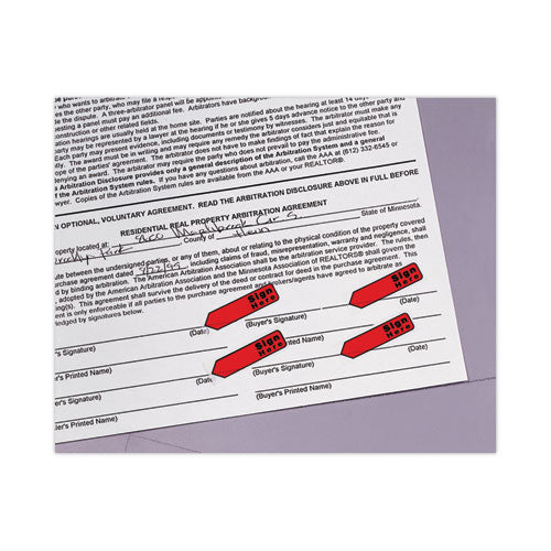 Image of Post-it® Flags 684-RDSH Arrow Message 0.5" Page Flags in Dispenser, "Sign Here", Red, 20 Flags Dispenser, 4 Dispensers/Pack