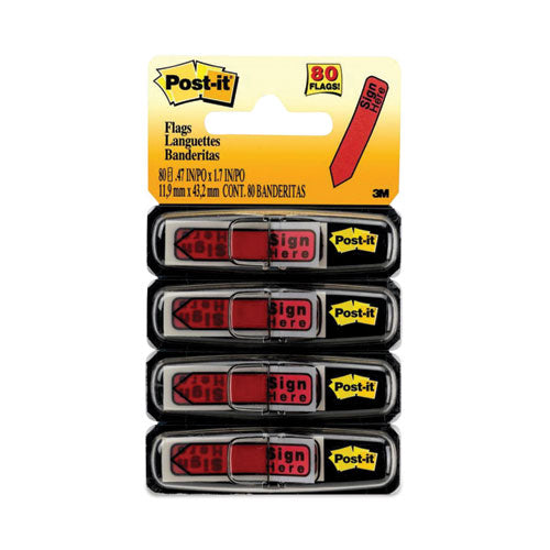 Image of Post-it® Flags 684-RDSH Arrow Message 0.5" Page Flags in Dispenser, "Sign Here", Red, 20 Flags Dispenser, 4 Dispensers/Pack
