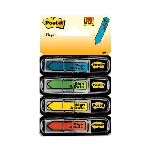 Image of Post-it® Flags 684-SD Arrow Message 0.5" Page Flags, Sign and Date, 4 Primary Colors, 20 Flags/Dispenser, 4 Dispensers/Pack