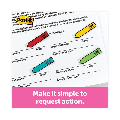 Image of Post-it® Flags 684-SD Arrow Message 0.5" Page Flags, Sign and Date, 4 Primary Colors, 20 Flags/Dispenser, 4 Dispensers/Pack