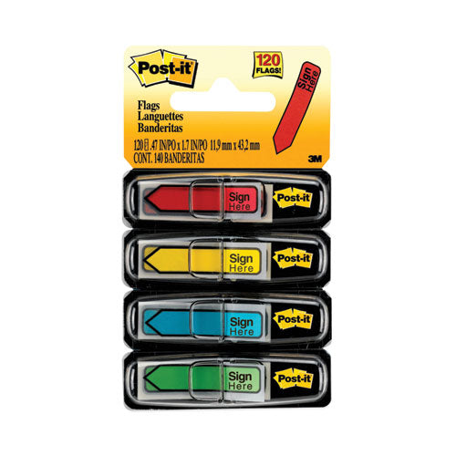 Image of Post-it® Flags 684-SH Arrow Message 0.5" Page Flags w/Dispensers, "Sign Here", Asst Primary, 30 Flags Dispenser, 4 Dispensers/Pack