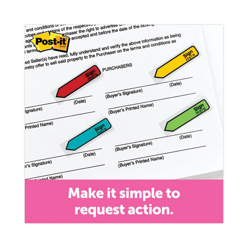 Image of Post-it® Flags 684-SH Arrow Message 0.5" Page Flags w/Dispensers, "Sign Here", Asst Primary, 30 Flags Dispenser, 4 Dispensers/Pack