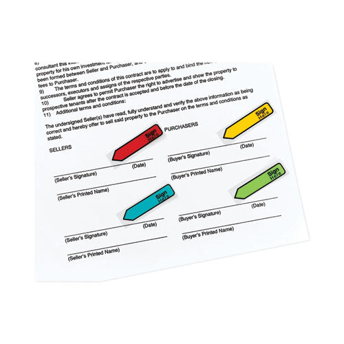 Image of Post-it® Flags 684-SH Arrow Message 0.5" Page Flags w/Dispensers, "Sign Here", Asst Primary, 30 Flags Dispenser, 4 Dispensers/Pack