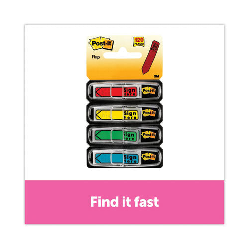 Image of Post-it® Flags 684-SH Arrow Message 0.5" Page Flags w/Dispensers, "Sign Here", Asst Primary, 30 Flags Dispenser, 4 Dispensers/Pack