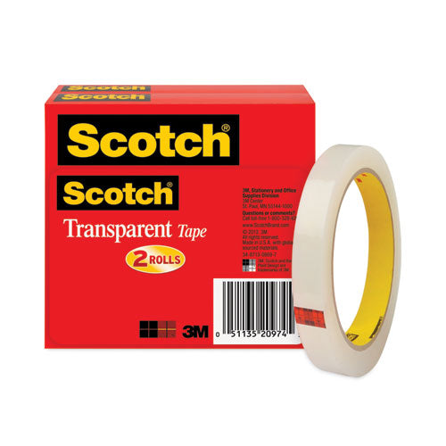 Image of Scotch® 600-2P12-72 Transparent Tape, 3" Core, 0.5" X 72 Yds, Transparent, 2/pack