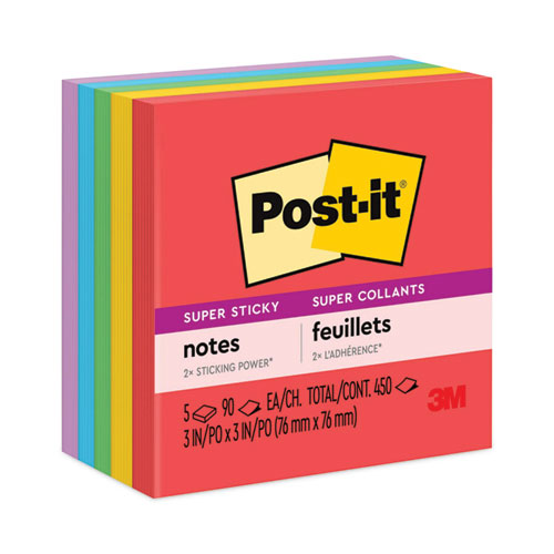 Image of Post-it® Notes Super Sticky 654-5SSAN Pads in Playful Primary Collection Colors, 3" x 3", 90 Sheets/Pad, 5 Pads/Pack