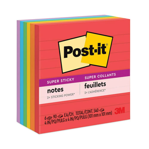 Image of Post-it® Notes Super Sticky 675-6SSAN Pads in Playful Primary Collection Colors, Note Ruled, 4" x 4", 90 Sheets/Pad, 6 Pads/Pack