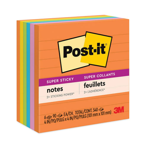 Image of Post-it® Notes Super Sticky 675-6SSUC Pads in Energy Boost Collection Colors, Note Ruled, 4" x 4", 90 Sheets/Pad, 6 Pads/Pack