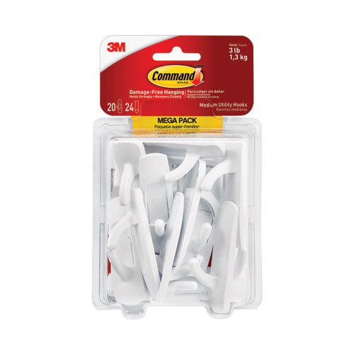 Image of Command 17001ES-MEGA Medium Utility Hooks, Plastic, White, Supports 3 lb, 20/Pack