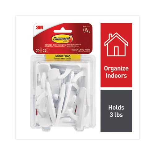 Image of Command 17001ES-MEGA Medium Utility Hooks, Plastic, White, Supports 3 lb, 20/Pack