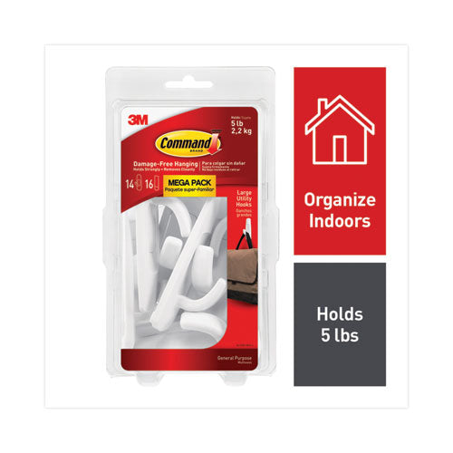 Image of Command 17003ES-MEGA Large Utility Hooks, Plastic, White, Supports 5 lb, 14/Pack