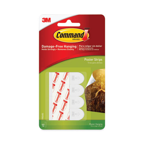 Image of Command 17024ES Poster Strip Pairs, Holds up to 1 lb, 0.63" x 1.75", White, 12/Pack