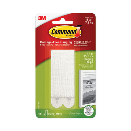 Image of Command 17206-ES Damage-Free Hanging Picture Hanging Strip Pairs, Holds Up to 4 lb, Large: 0.75" x 3.65", White, 4/Pack