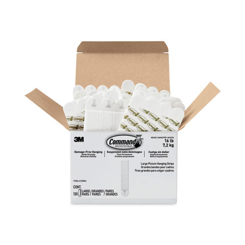 Image of Command 17206-S120NA Damage-Free Hanging Picture Hanging Strip Pairs, Holds Up to 3.75 lb, Large: 0.75" x 3.65", White, 120/Pack
