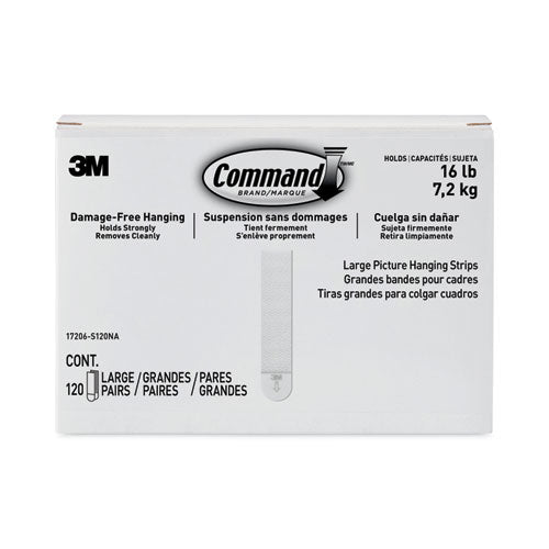 Image of Command 17206-S120NA Damage-Free Hanging Picture Hanging Strip Pairs, Holds Up to 3.75 lb, Large: 0.75" x 3.65", White, 120/Pack
