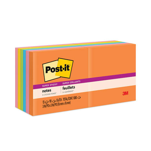 Image of Post-it® Notes Super Sticky 654-12SSUC Pads in Energy Boost Collection Colors, 3" x 3", 90 Sheets/Pad, 12 Pads/Pack