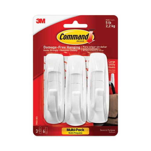 Image of Command 17003-3ES Large Utility Hooks, Plastic, White, Supports 5 lb, 3/Pack