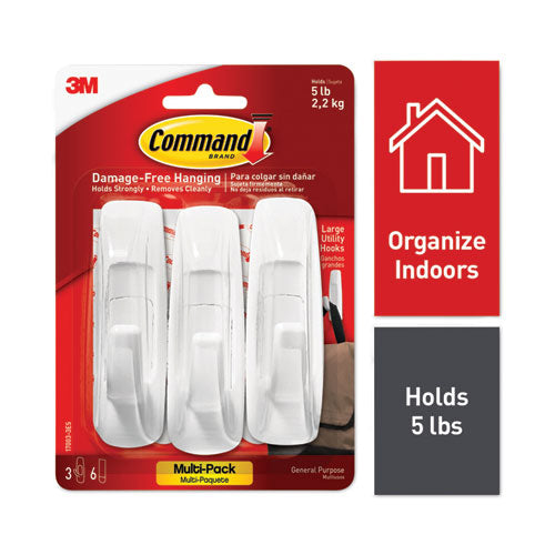 Image of Command 17003-3ES Large Utility Hooks, Plastic, White, Supports 5 lb, 3/Pack