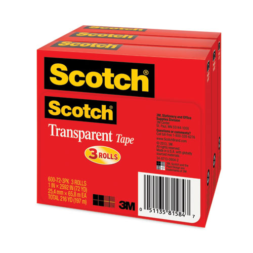 Image of Scotch® 600-72-3PK Transparent Tape, 3" Core, 1" x 72 yds, 3/Pack