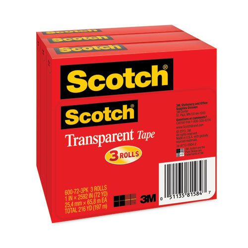 Image of Scotch® 600-72-3PK Transparent Tape, 3" Core, 1" x 72 yds, 3/Pack