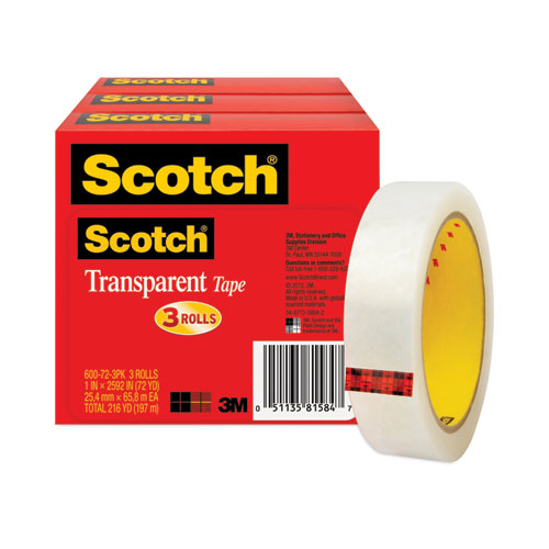 Image of Scotch® 600-72-3PK Transparent Tape, 3" Core, 1" x 72 yds, 3/Pack