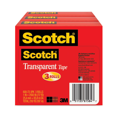 Image of Scotch® 600-72-3PK Transparent Tape, 3" Core, 1" x 72 yds, 3/Pack