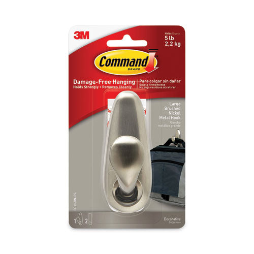 Image of Command FC13-BN-ES Adhesive Mount Metal Hook, Large, Brushed Nickel Finish, 5 lb Capacity, 1 Hook and 2 Strips/Pack