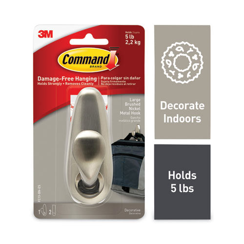 Image of Command FC13-BN-ES Adhesive Mount Metal Hook, Large, Brushed Nickel Finish, 5 lb Capacity, 1 Hook and 2 Strips/Pack