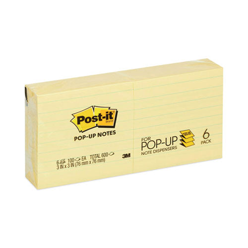 Image of Post-it® Pop-up Notes R335 Original Canary Yellow Pop-up Refill, Note Ruled, 3" x 3", Canary Yellow, 100 Sheets/Pad, 6 Pads/Pack