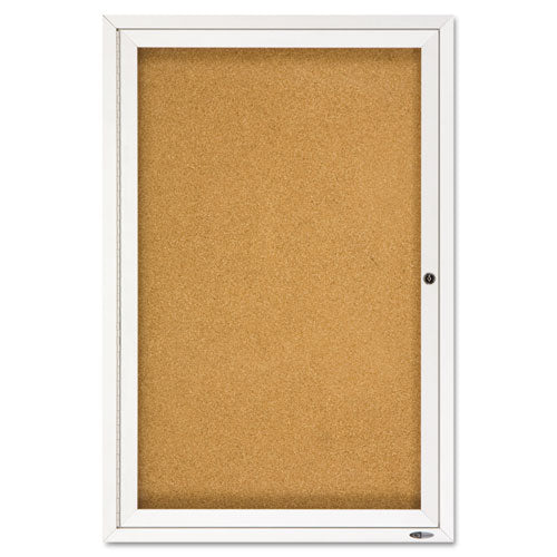 Image of Quartet® 2363 Enclosed Indoor Cork Bulletin Board with One Hinged Door, 24" x 36", Tan Surface, Satin Aluminum Frame