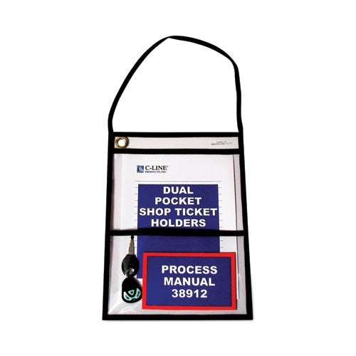 Image of C-Line® 38912 Stitched Shop Ticket Holders, 22" Hang Strap, Super Heavy-Duty, 9 x 6 and 9 x 12 Inserts, Clear Front, Black Border, 15/Box