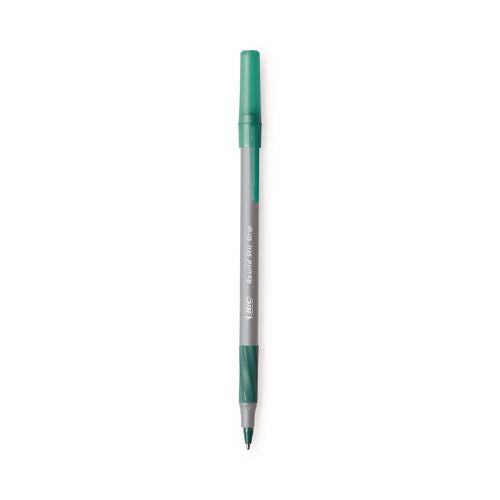 Image of BIC® GSMG11-GRN Round Stic Grip Xtra Comfort Ballpoint Pen, Easy-Glide System, Stick, Medium 1.2 mm, Green Ink, Gray/Green Barrel, Dozen