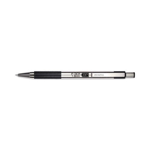 Image of Zebra® 27310 F-301 Ballpoint Pen, Retractable, Bold 1.6 mm, Black Ink, Stainless Steel/Black Barrel, 12/Pack