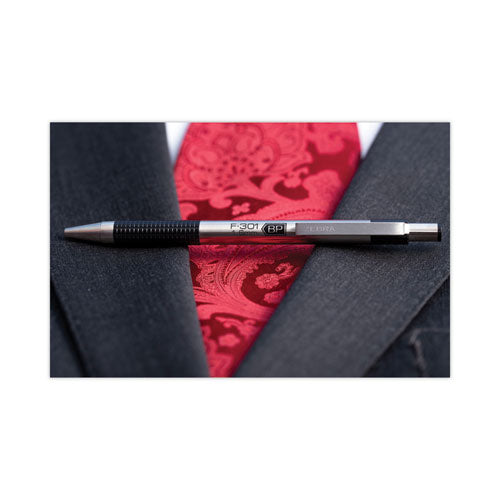 Image of Zebra® 27112 F-301 Ballpoint Pen, Retractable, Fine 0.7 Mm, Black Ink, Stainless Steel/black Barrel, 2/pack
