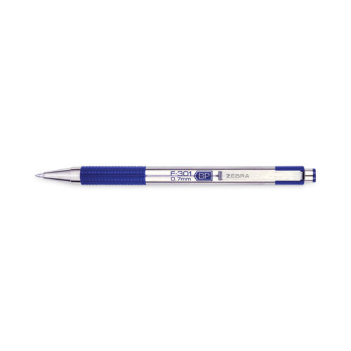 Image of Zebra® 27122 F-301 Ballpoint Pen, Retractable, Fine 0.7 Mm, Blue Ink, Stainless Steel/blue Barrel, 2/pack