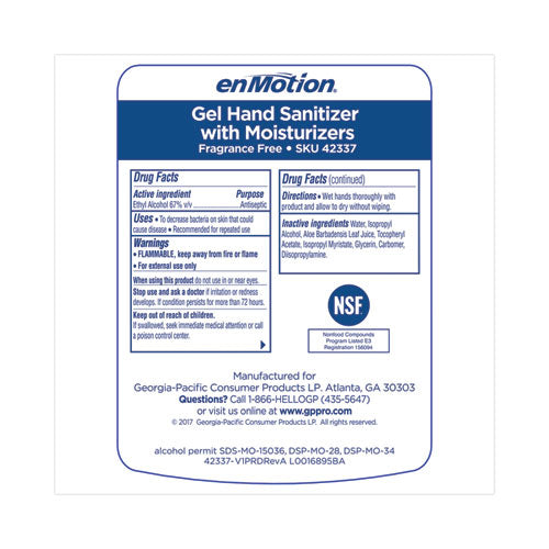 Image of Georgia PacificÂ® Professional Enmotion Gen2 E3-Rated Gel Sanitizer Dispenser Refill, 1,000 Ml Bottle, Fragrance-Free, 2/carton