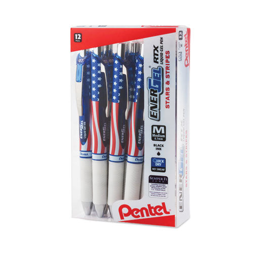Image of Pentel® BL77USA-A Energel Rtx Stars And Stripes Gel Pen, Retractable, Medium 0.7 Mm, Black Ink, Red/white/blue Barrel, Dozen