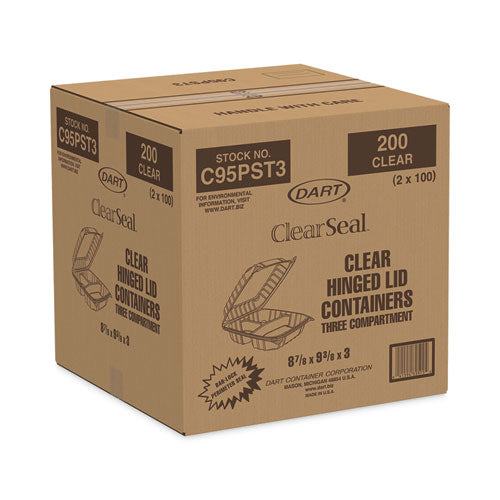 Image of Dart® C95PST3 ClearSeal Hinged-Lid Plastic Containers, 3 Compartments, 9.4 x 8.9 x 3, Plastic, 100/Bag, 2 Bags/Carton