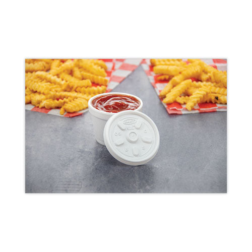 Image of Dart® 6JL Plastic Lids for Foam Containers, Vented, Fits 3.5 oz to 6 oz, White, 100/Pack, 10 Packs/Carton