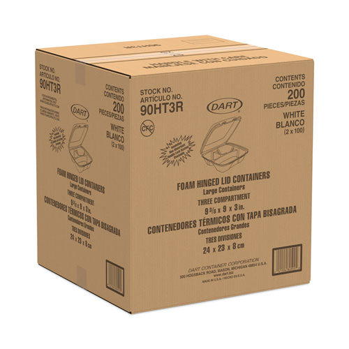 Image of Dart® 90HT3R Foam Hinged Lid Container, 3 Compartments, 8 oz, 9 x 9.4 x 3, White, 100/Sleeve, 2 Sleeves/Carton