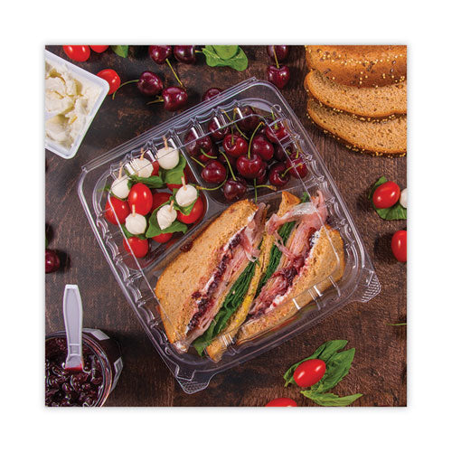 Image of Dart® C95PST3 ClearSeal Hinged-Lid Plastic Containers, 3 Compartments, 9.4 x 8.9 x 3, Plastic, 100/Bag, 2 Bags/Carton