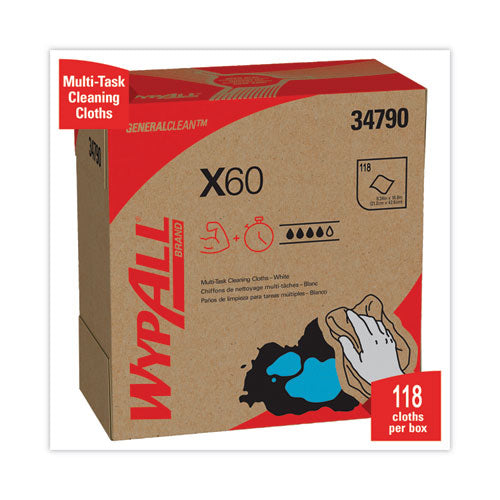 Image of WypAll® 34790 General Clean X60 Cloths, POP-UP Box, 8.34 x 16.8, White, 118/Box, 10 Boxes/Carton