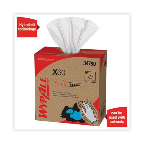 Image of WypAll® 34790 General Clean X60 Cloths, POP-UP Box, 8.34 x 16.8, White, 118/Box, 10 Boxes/Carton