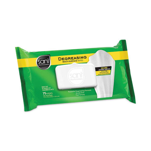 Image of Sani Professional® A12345 Degreasing Multi-Surface Wipes, 1-Ply, 11.5 x 10, 75, Floral Scent, White, Wipes/Pack, 9 Packs/Carton
