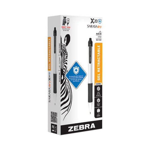 Image of Zebra® 41610 Sarasa Dry X20+ Gel Pen with Antimicrobial Product Protection, Retractable, Fine 0.7 mm, Black Ink, White/Black Barrel, Dozen
