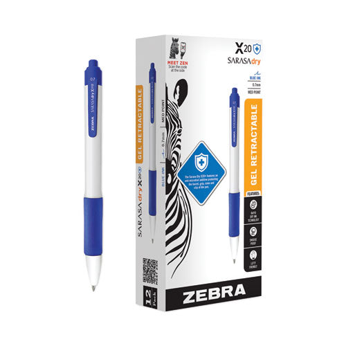 Image of Zebra® 41620 Sarasa Dry X20+ Gel Pen with Antimicrobial Product Protection, Retractable, Fine 0.7 mm, Blue Ink, White/Blue Barrel, Dozen