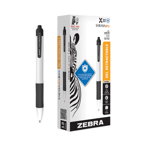 Image of Zebra® 41610 Sarasa Dry X20+ Gel Pen with Antimicrobial Product Protection, Retractable, Fine 0.7 mm, Black Ink, White/Black Barrel, Dozen